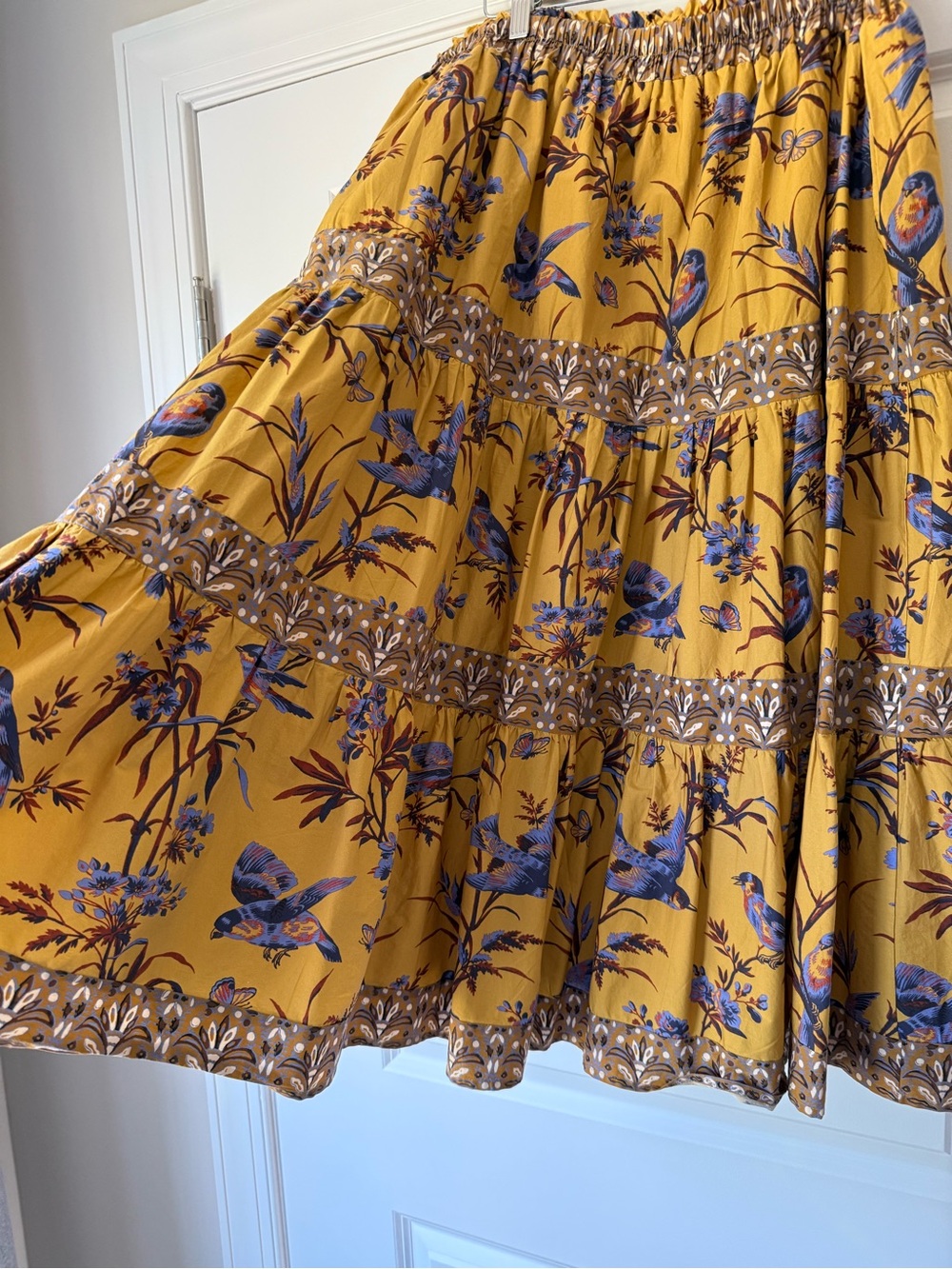 Sundance Parisian Menagerie Tiered Bird Print Midi Skirt in Mustard, Lined, XL - Picture 3 of 14